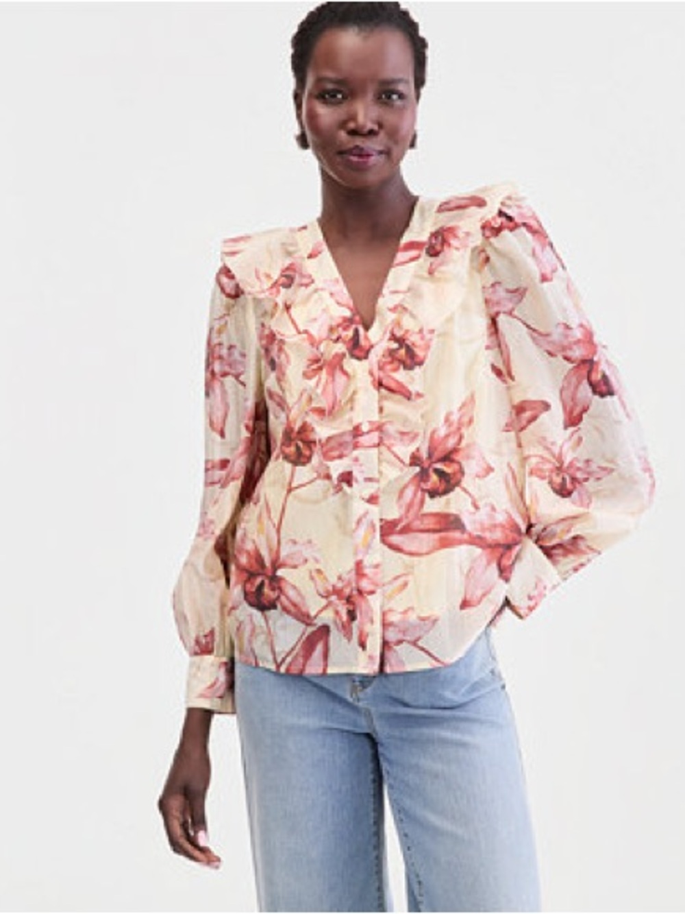 I.N.C. International Concept Women's Long-Sleeve Printed Ruffle-Front Blouse L